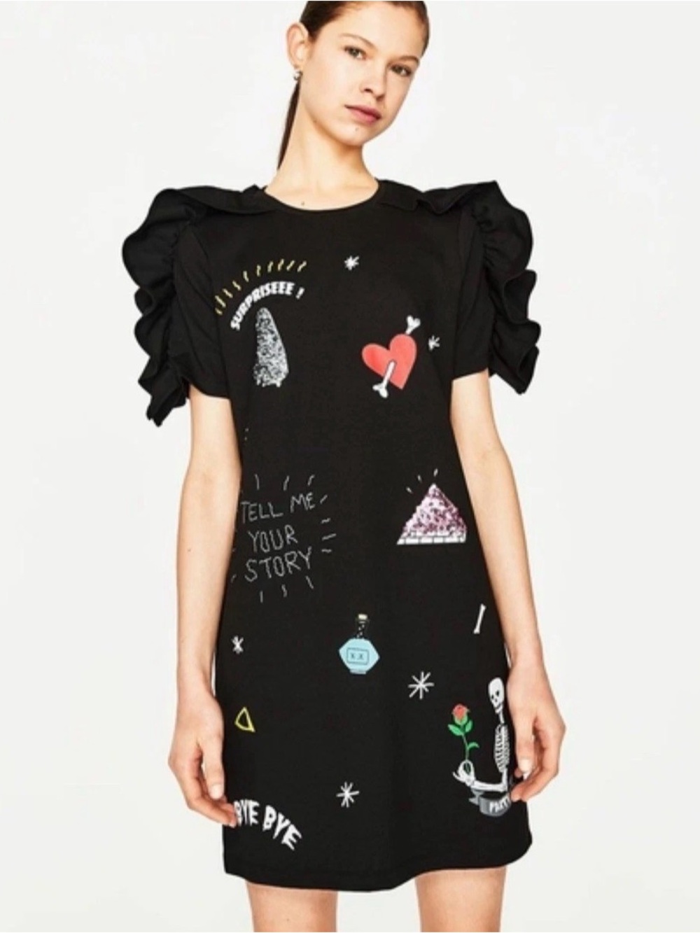 Zara trafaluc summer Women Black Spooky Goth Witchy Dress Ruffle Sleeves skull